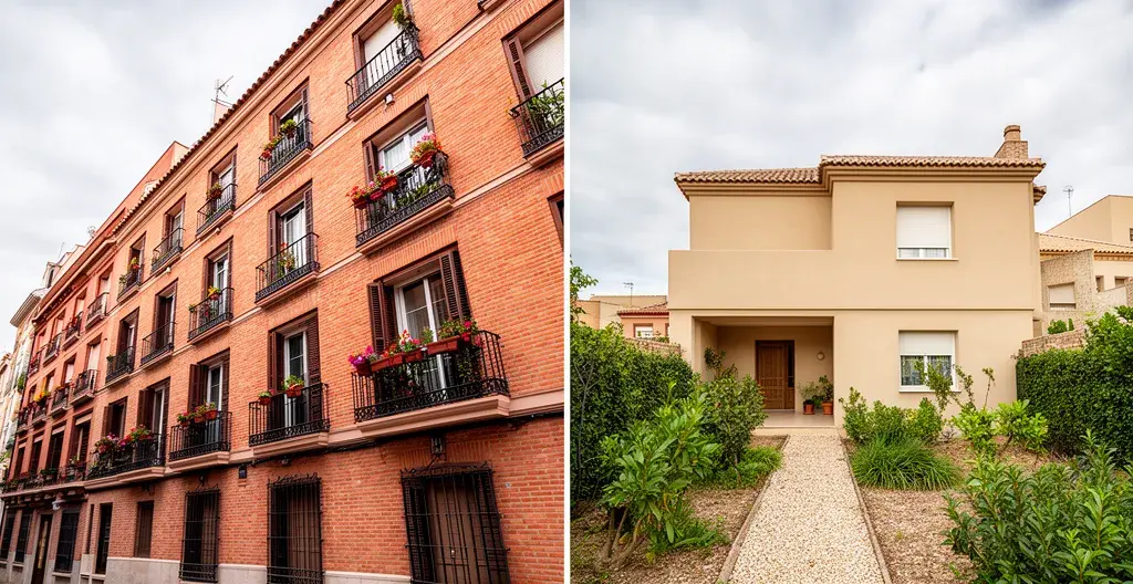 Comparativa visual entre edificio de pisos y casa unifamiliar en zona residencial madrileña