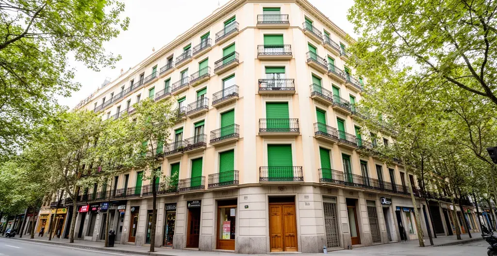 Fachada de edificio residencial en calle típica de Madrid con balcones