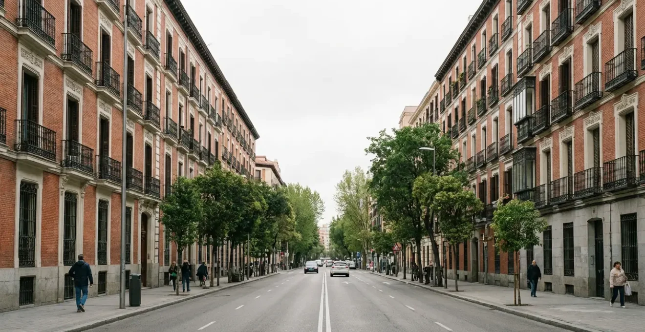 Vista panorámica de edificios residenciales en Madrid mostrando arquitectura típica madrileña con balcones