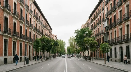 Vista panorámica de edificios residenciales en Madrid mostrando arquitectura típica madrileña con balcones