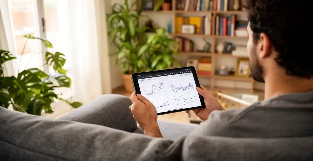 Persona consultando datos de valoración inmobiliaria en tablet desde su salón